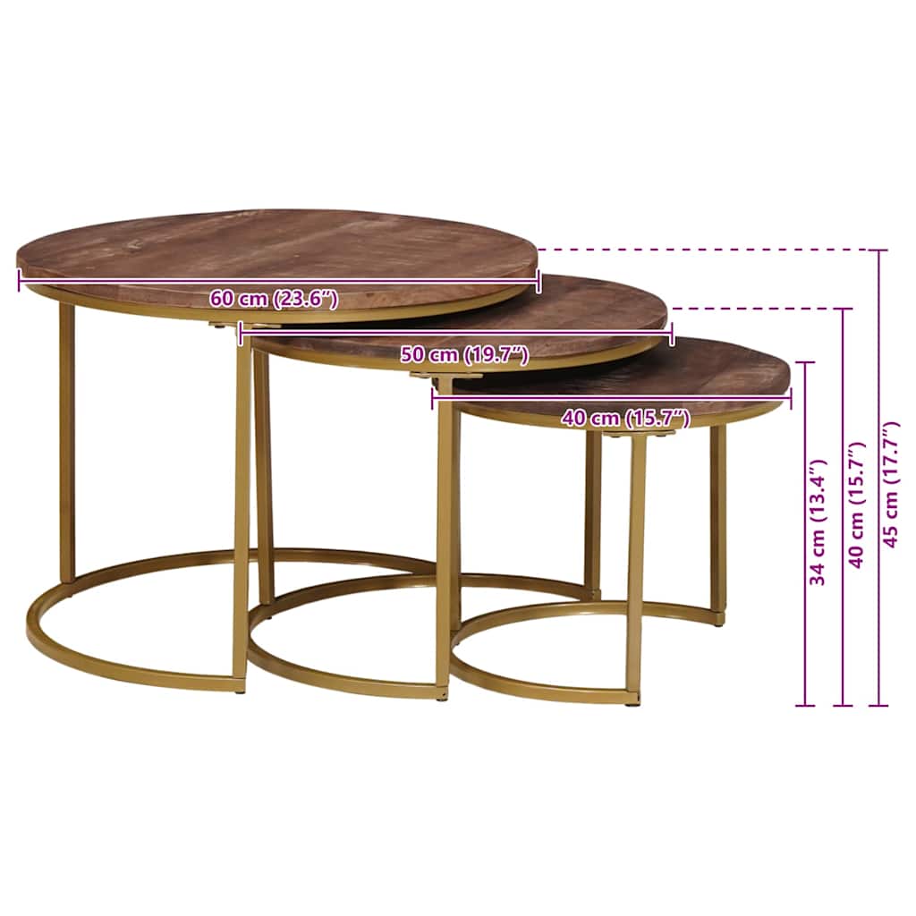 vidaXL Τραπεζάκια Καφέ Στερεών 3 pcs Μασίφ ξύλο μάνγκο και χάλυβας