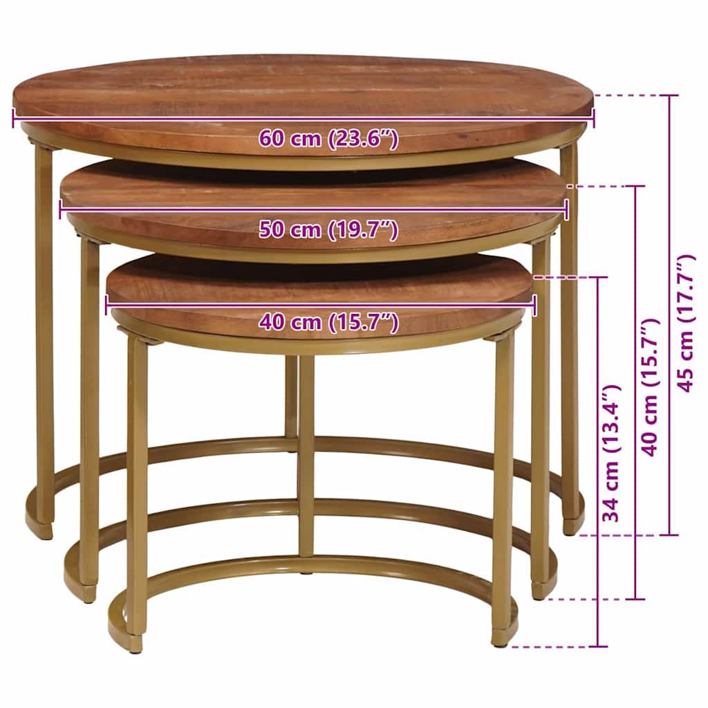 vidaXL Τραπεζάκια Καφέ Στερεών 3 pcs Μασίφ ξύλο μάνγκο και χάλυβας