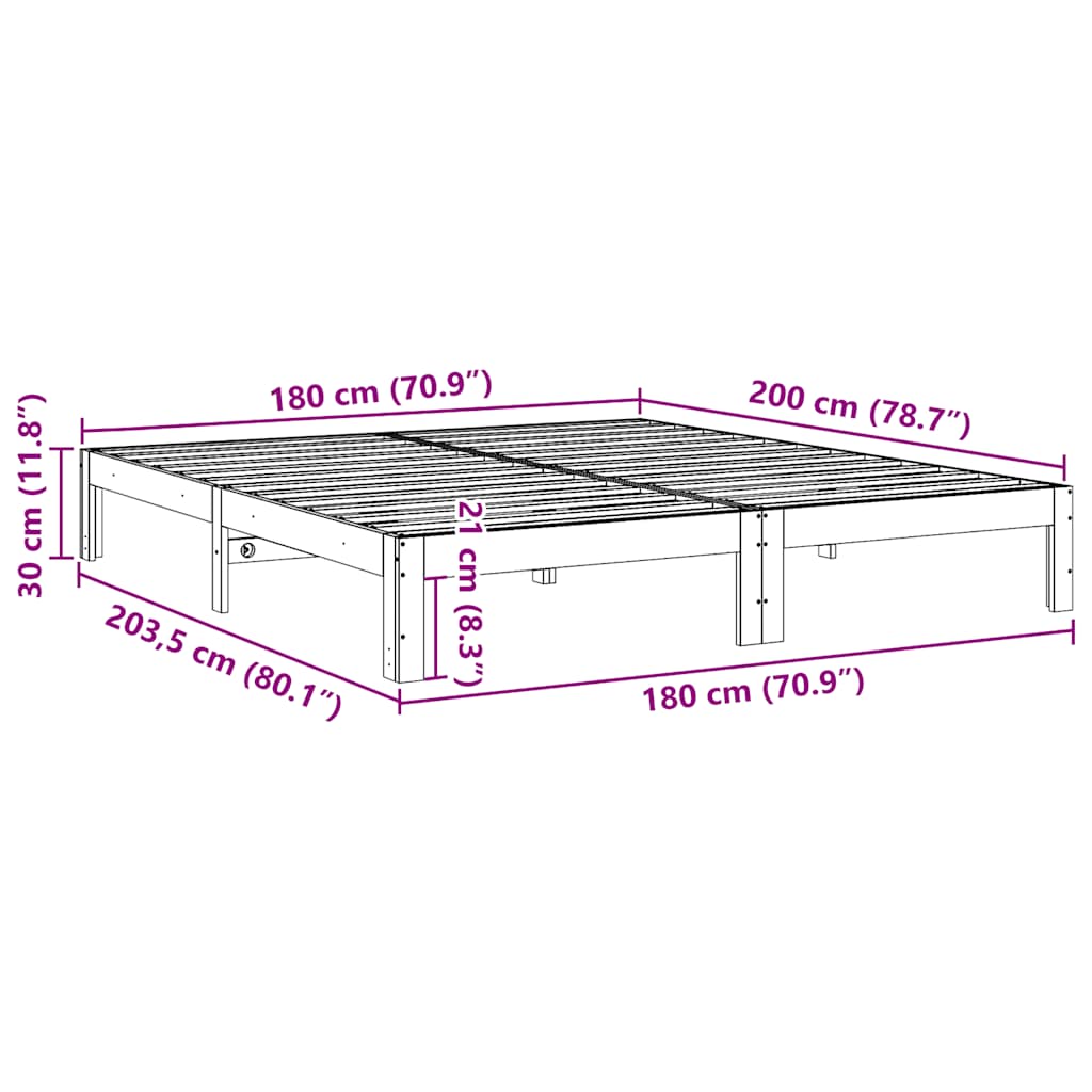 vidaXL Σκελετός Κρεβατιού Χωρίς Στρώμα 180x200 εκ Μασίφ Ξύλο Πεύκου