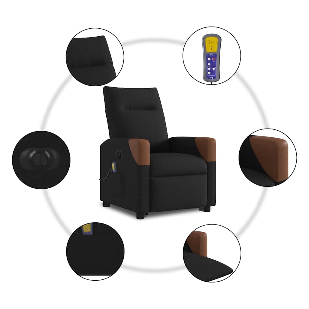 vidaXL Πολυθρόνα Μασάζ Ηλεκ. Ανακλινόμενη με Ανύψωση Μαύρη Υφασμάτινη