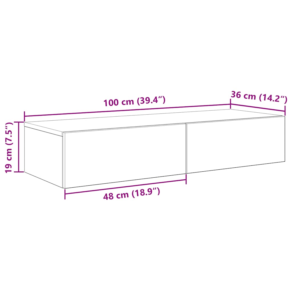 vidaXL Ράφι τοίχου με συρτάρια Γκρι μπετόν 100x36x19 cm Ξύλο μηχανής