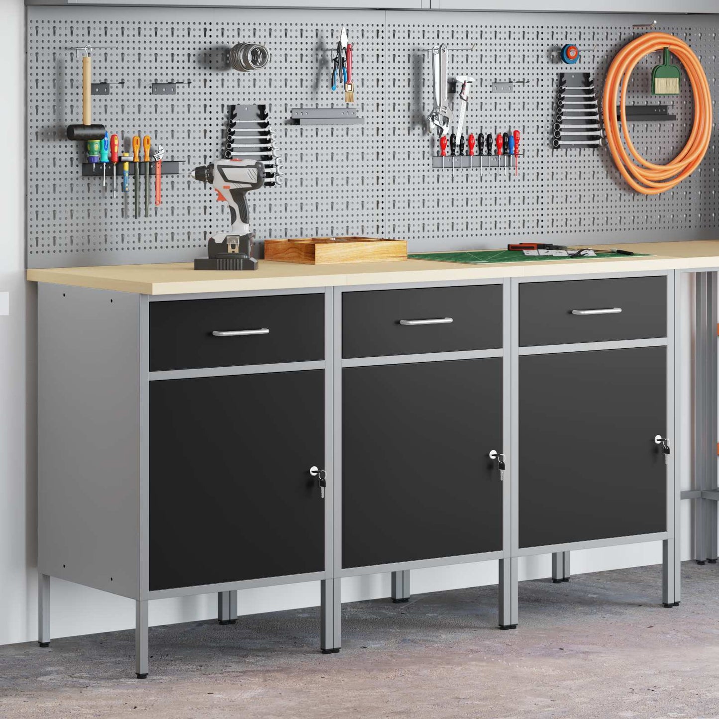 vidaXL Ντουλάπα Εργασίας 3 pcs Μαύρο και Γκρι 150 x 55 x 85 εκ
