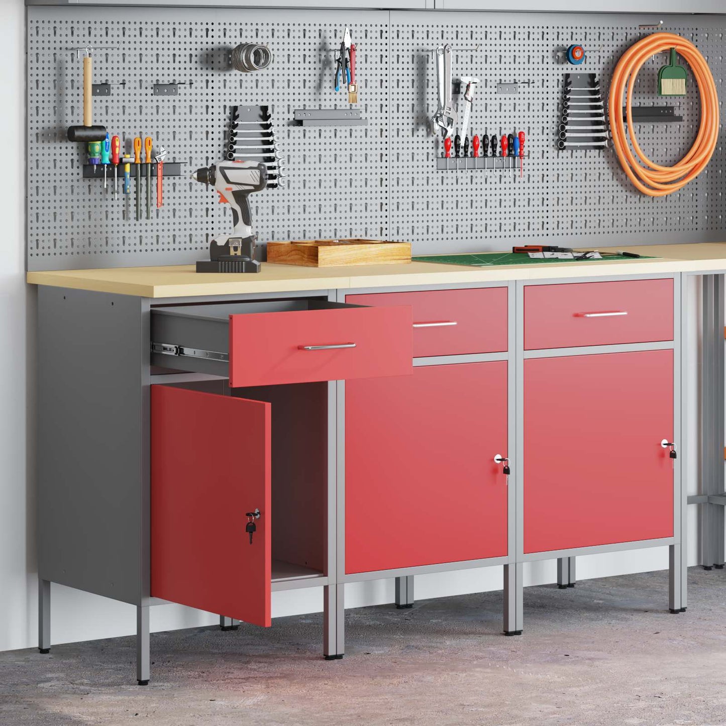 vidaXL Ντουλάπα Εργασίας 3 pcs Κόκκινο και Γκρι 150 x 55 x 85 εκ