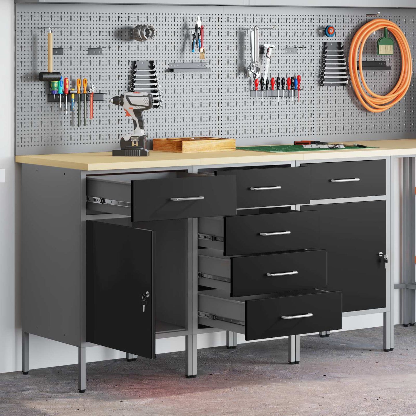 vidaXL Ντουλάπα Εργασίας 3 τμχ. Μαύρο και Γκρι 150 x 55 x 85 εκ