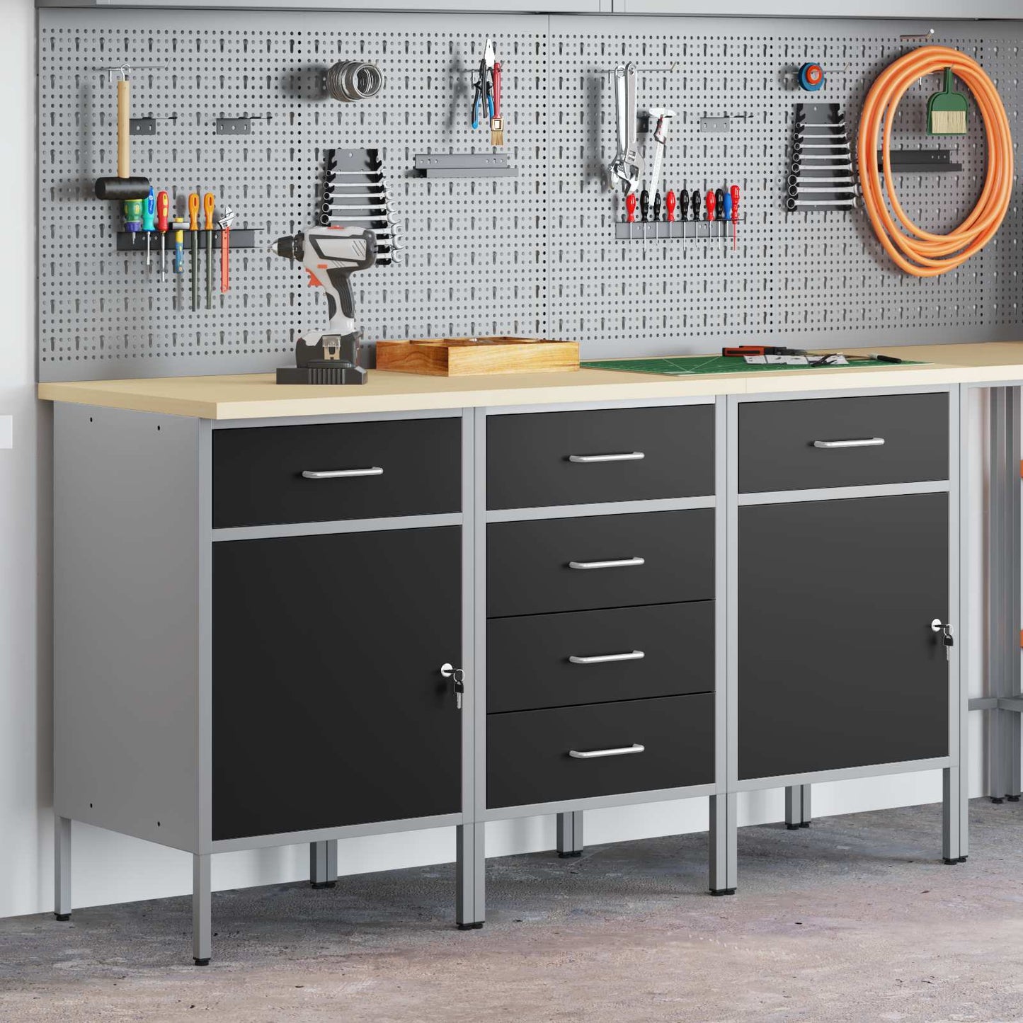 vidaXL Ντουλάπα Εργασίας 3 τμχ. Μαύρο και Γκρι 150 x 55 x 85 εκ