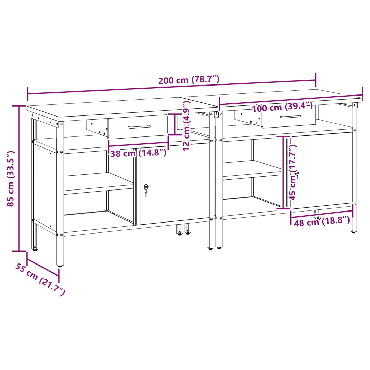 vidaXL Σετ πάγκου εργασίας 2 pcs Μαύρο και Γκρι 200 x 55 x 85 εκ