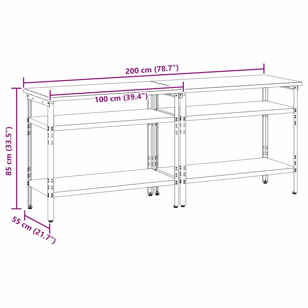 vidaXL Σετ πάγκου εργασίας με ράφι 2 pcs Γκρι 200 x 55 x 85 εκ Ατσάλι