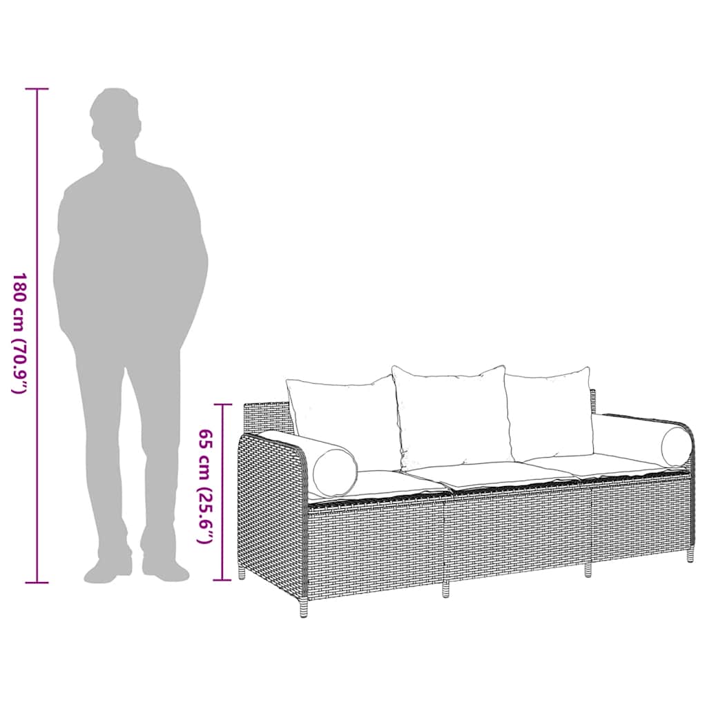 vidaXL Καναπές Κήπου Τριθέσιος Καφέ από Συνθετικό Ρατάν με Μαξιλάρια