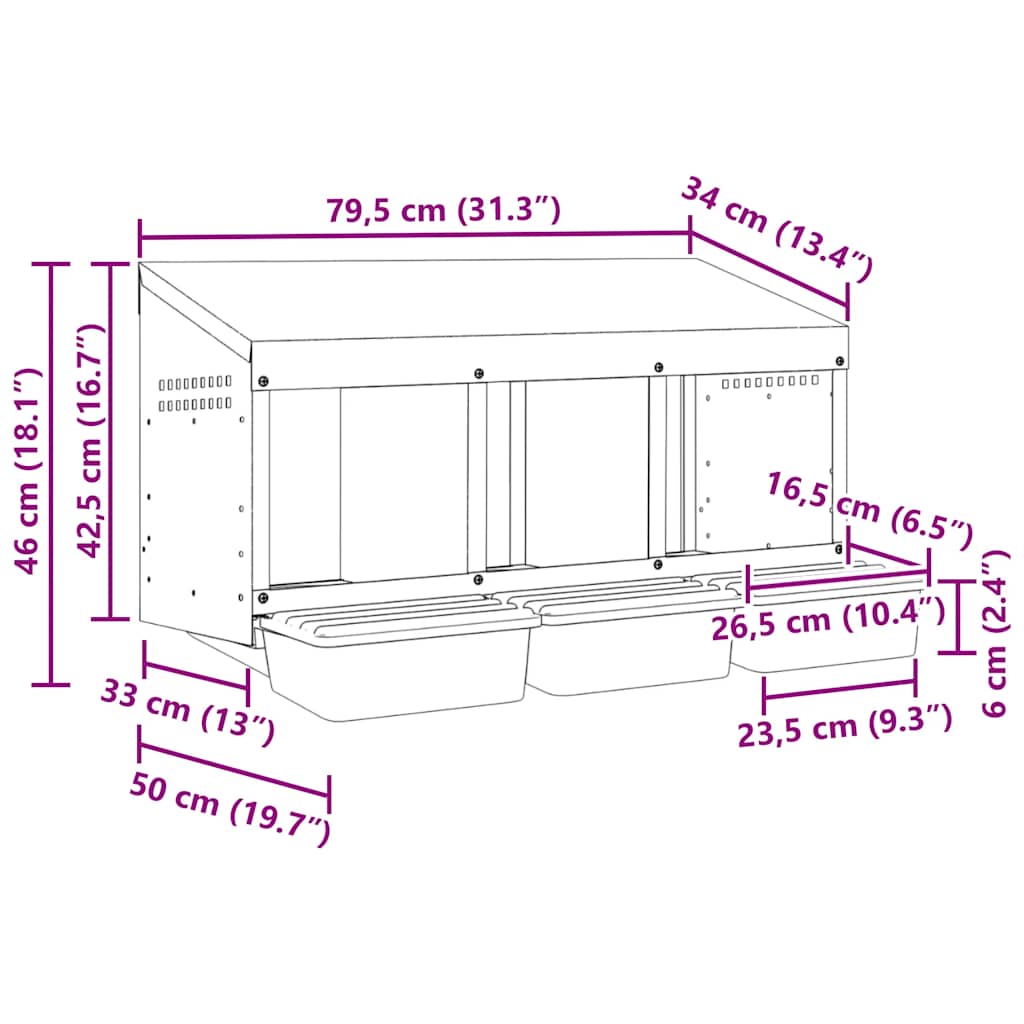vidaXL Κουτί Φωλιάς Κοτόπουλων με 3 Θέσεις, Επιτοίχιο από Γαλβανισμένο Ατσάλι