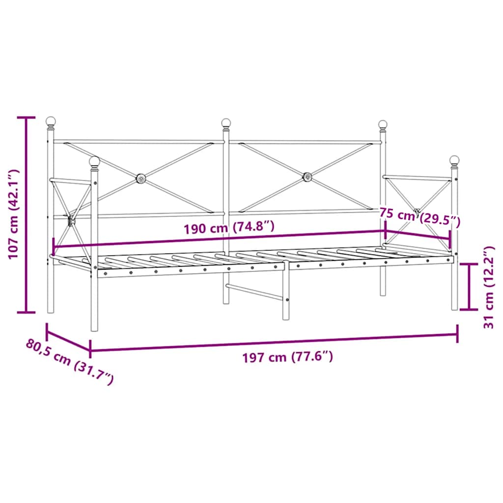 vidaXL Κρεβάτι ημέρας χωρίς στρώμα Μαύρο 75x190 εκ. από ατσάλι