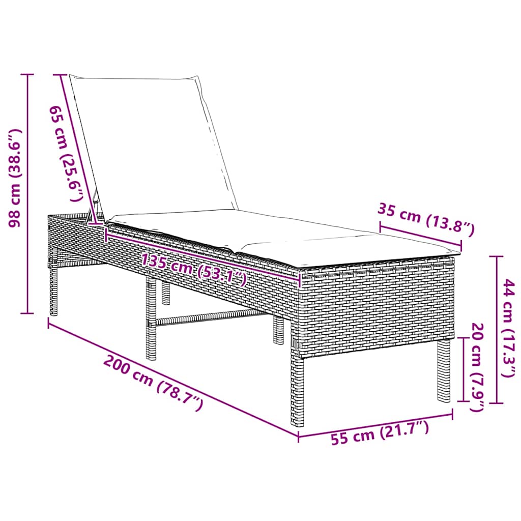 vidaXL Ξαπλώστρα με Μαξιλάρι Ανοιχτό Γκρι 55x200x44 εκ. από Συνθετικό Ρατάν