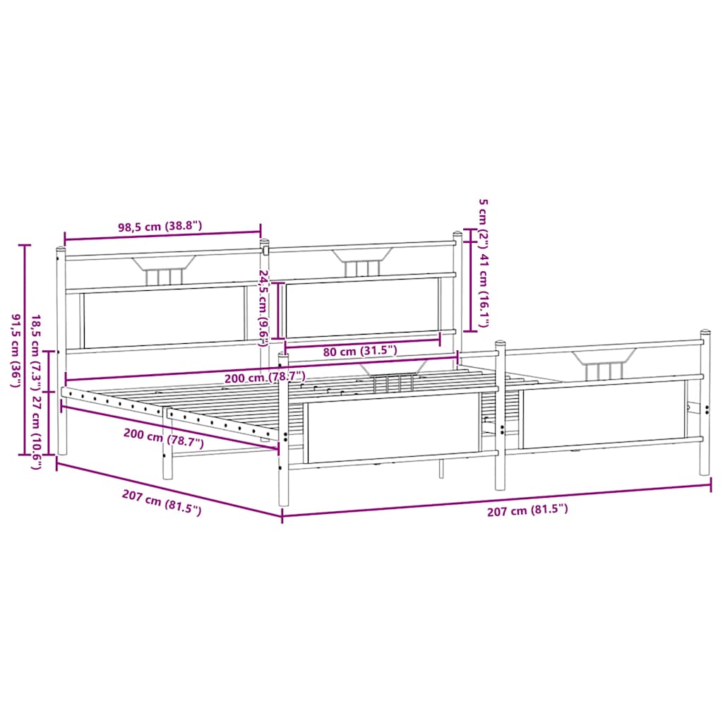 vidaXL Σκελετός Κρεβ. Χωρίς Στρώμα Καπνιστή Δρυς 200x200 εκ. Μεταλλικό
