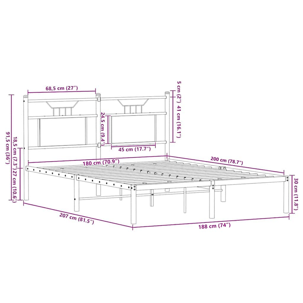 vidaXL Σκελετός Κρεβ. Χωρίς Στρώμα Sonoma Δρυς 180x200 εκ. Μεταλλικό