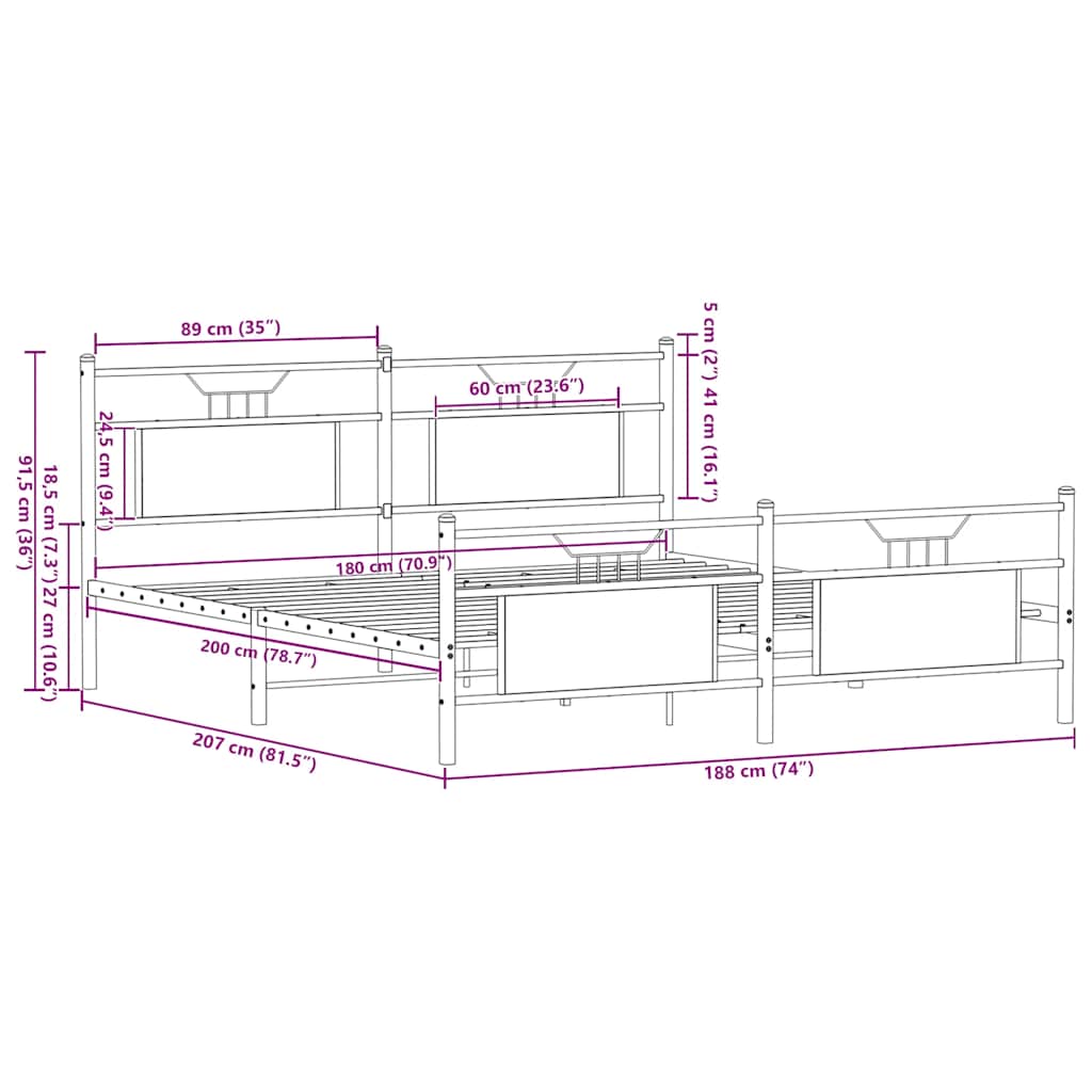 vidaXL Σκελετός Κρεβ. Χωρίς Στρώμα Καφέ Δρυς 180x200 εκ. Μεταλλικό