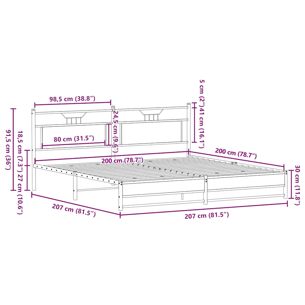 vidaXL Σκελετός Κρεβ. Χωρίς Στρώμα Καπνιστή Δρυς 200x200 εκ. Μεταλλικό
