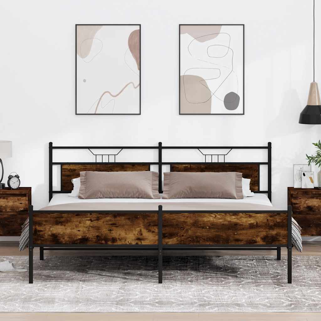 vidaXL Σκελετός Κρεβ. Χωρίς Στρώμα Καπνιστή Δρυς 193x201 εκ. Μεταλλικό