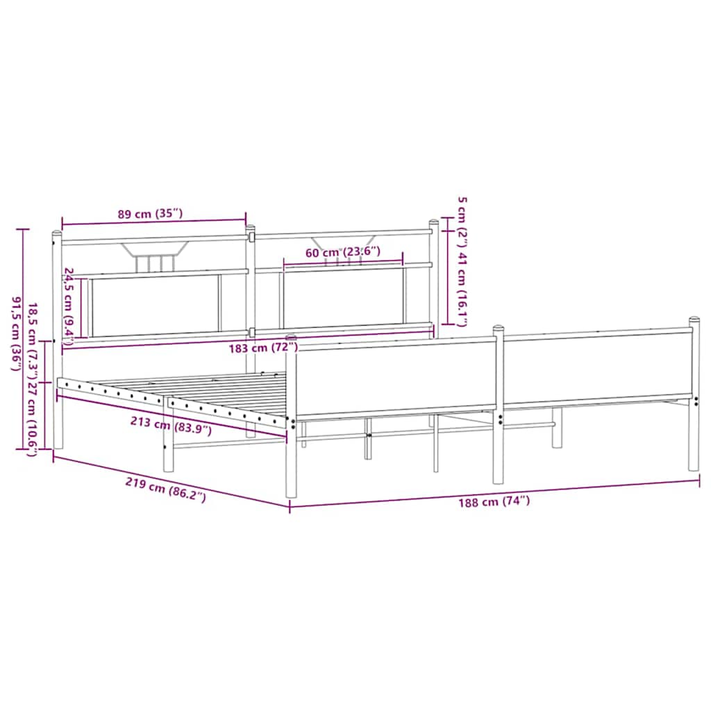 vidaXL Σκελετός Κρεβ. Χωρίς Στρώμα Καφέ Δρυς 183x213 εκ. Μεταλλικό