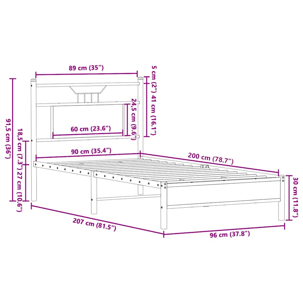 vidaXL Πλαίσιο Κρεβ. Χωρ. Στρώμα Καπνιστή Δρυς 90x200 εκ. Επεξ. Ξύλο