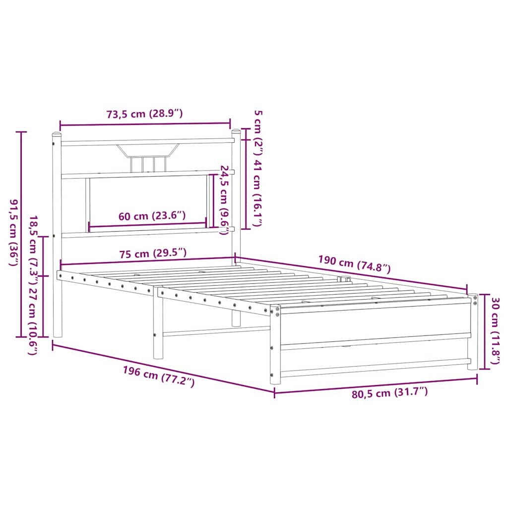 vidaXL Πλαίσιο Κρεβατιού Χωρ. Στρώμα Sonoma Δρυς 75x190εκ Επεξ. Ξύλο