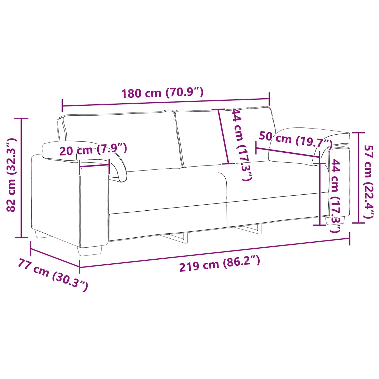 vidaXL 3-Θέσιος καναπές Σκούρο Γκρι 220 cm ύφασμα