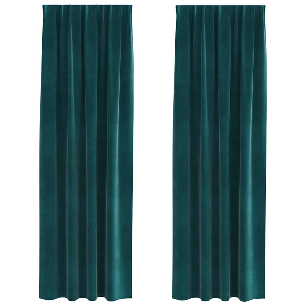 Curtains blackout vidaXL με κορδέλα 2 τεμ Σκούρο Πράσινο Βελούδο