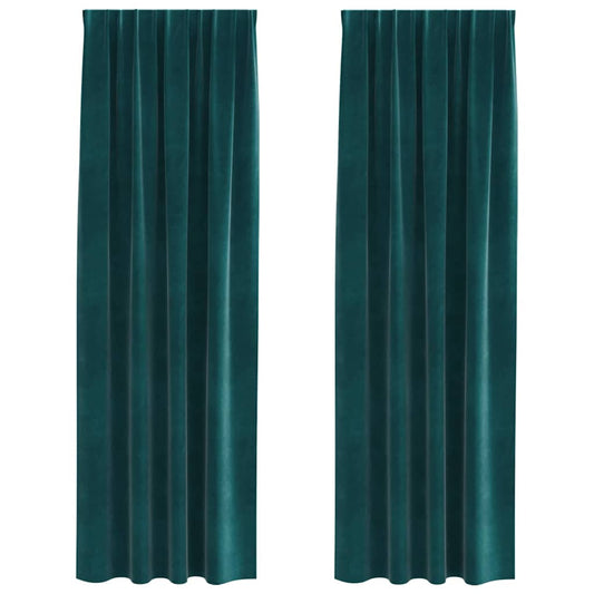 Curtains blackout vidaXL με κορδέλα 2 τεμ Σκούρο Πράσινο Βελούδο