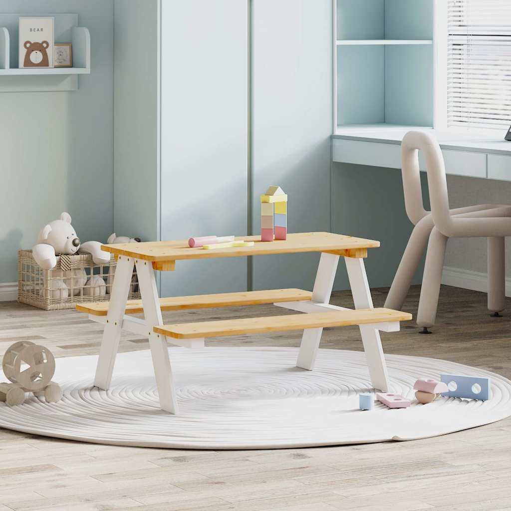 vidaXL Παιδικό Τραπέζι με Πάγκους IRUN Λευκό 90x79,5x50 εκ. Μασίφ Ξύλο