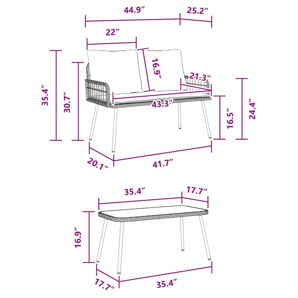 vidaXL Σετ Φαγητού Κήπου 2 Τεμαχίων με Μαξιλάρια Μαύρο Ρατάν