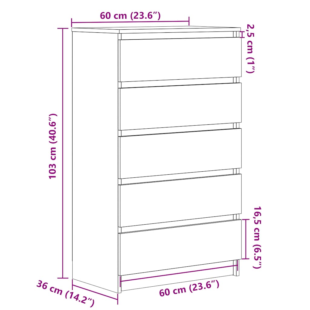 vidaXL Συρταριέρα Μαύρη Δρυς 60x36x103 εκ. από Τεχνητό Ξύλο