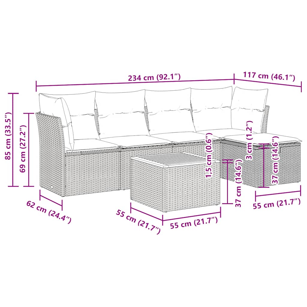 vidaXL Σαλόνι Κήπου 6 Τεμαχίων από Γκρι Συνθετικό Ρατάν με Μαξιλάρια