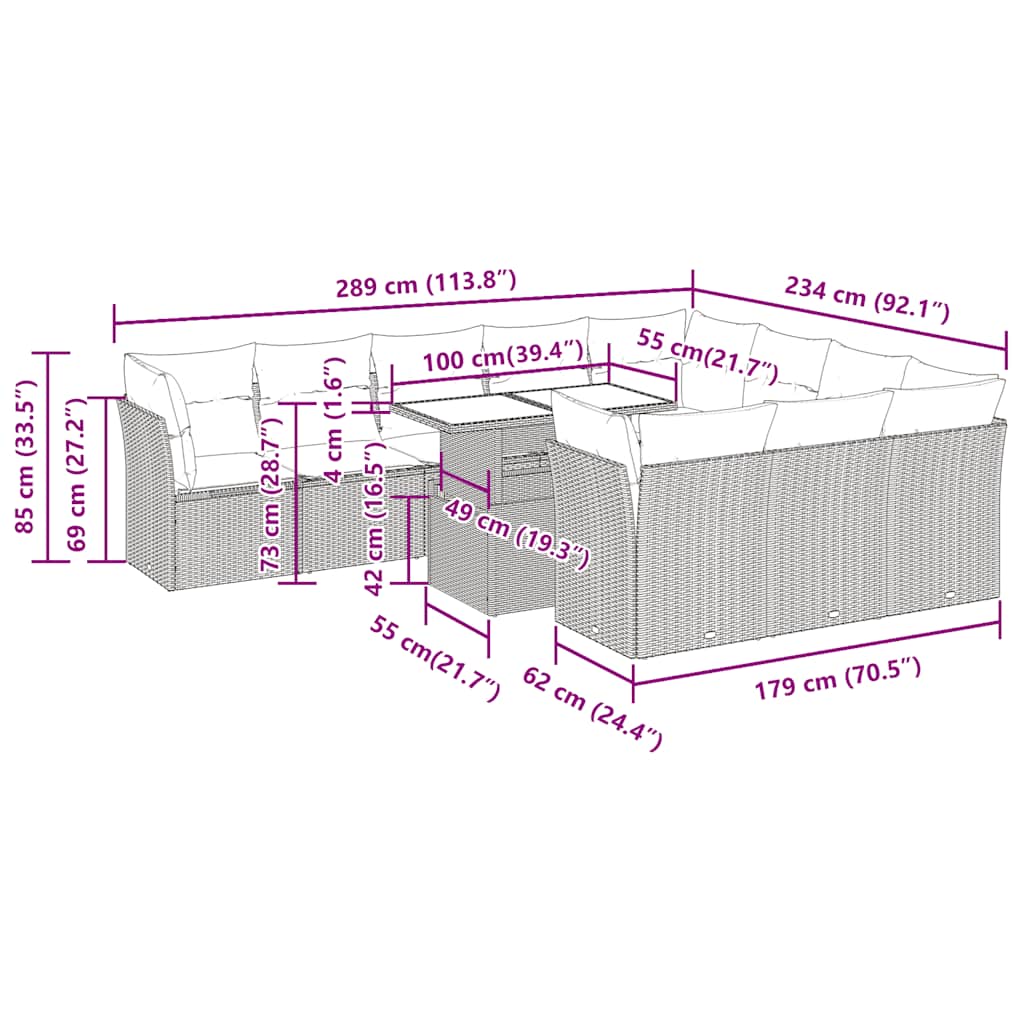 vidaXL Σαλόνι Κήπου 11 Τεμαχίων Αν. Γκρι Συνθετικό Ρατάν με Μαξιλάρια