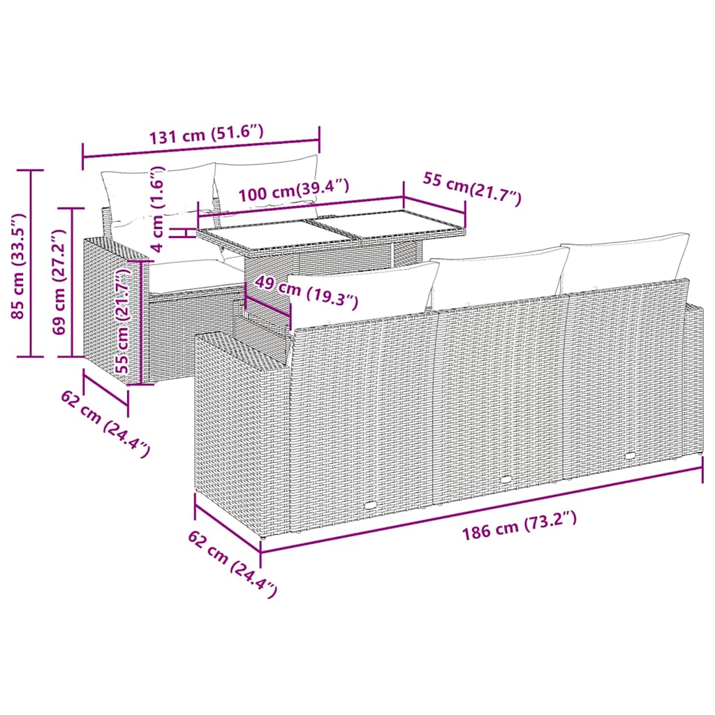 vidaXL Σαλόνι Κήπου Σετ 6 Τεμαχίων Καφέ Συνθετικό Ρατάν με Μαξιλάρια