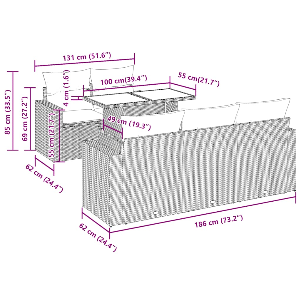 vidaXL Σαλόνι Κήπου Σετ 7 Τεμαχίων Γκρι Συνθετικό Ρατάν με Μαξιλάρια