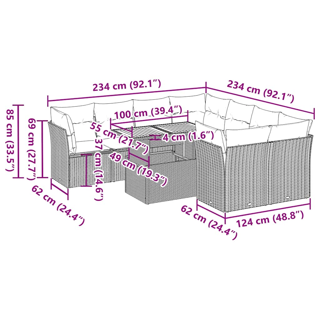 vidaXL Σαλόνι Κήπου Σετ 9 Τεμαχίων Μαύρο από Συνθ. Ρατάν με Μαξιλάρια