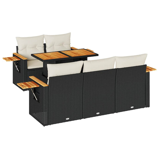 vidaXL Καναπές Κήπου 6 Τεμαχίων Μαύρο Συνθετικό Ρατάν Μαξιλάρια Ακακία