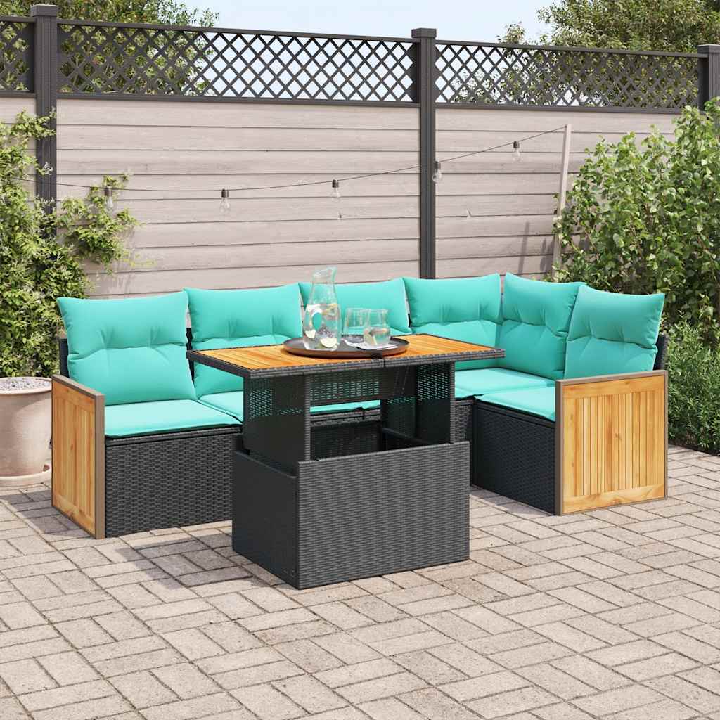 vidaXL Καναπές Κήπου 6 Τεμαχίων Μαύρο Συνθετικό Ρατάν Μαξιλάρια Ακακία