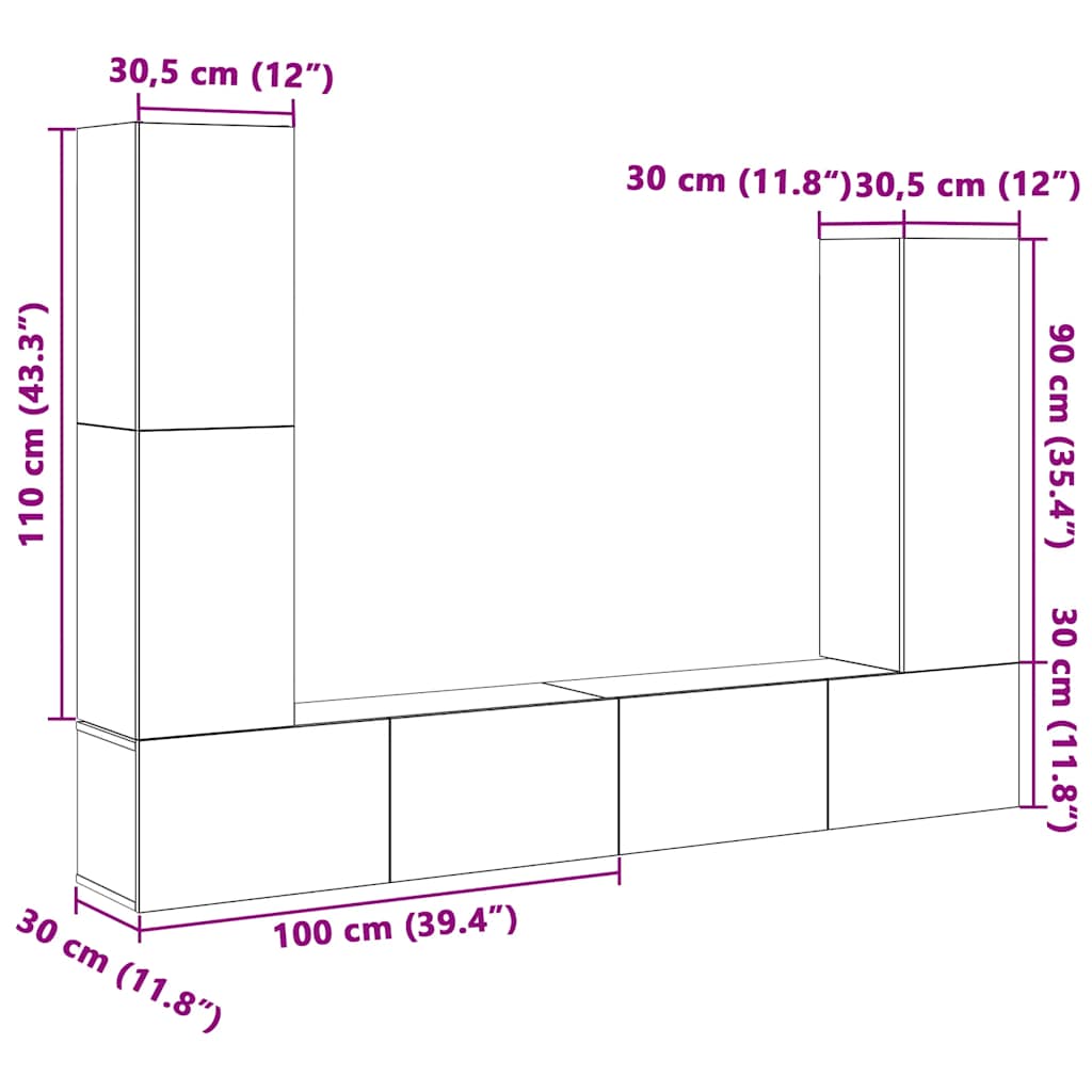 vidaXL Σετ ντουλαπιών τηλεόρασης 4 τεμαχίων Επιτοίχιο Τεχνικής Δρυς