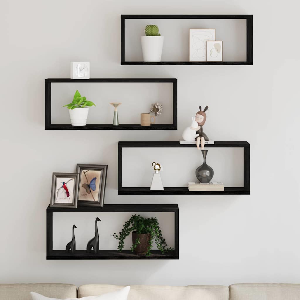 vidaXL Ράφια Τοίχου με ράφι Επιτοίχιο 4 pcs Μαύρη Οξυά 60 x 15 x 23 cm