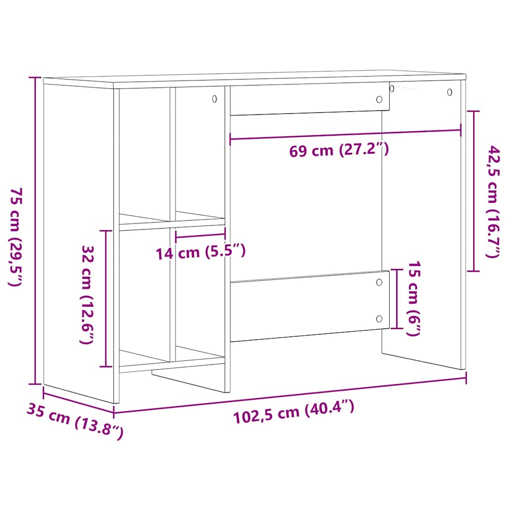 vidaXL Γραφείο Μαύρη Οξυά 102,5 x 35 x 75 εκ Επεξεργασμένο ξύλο