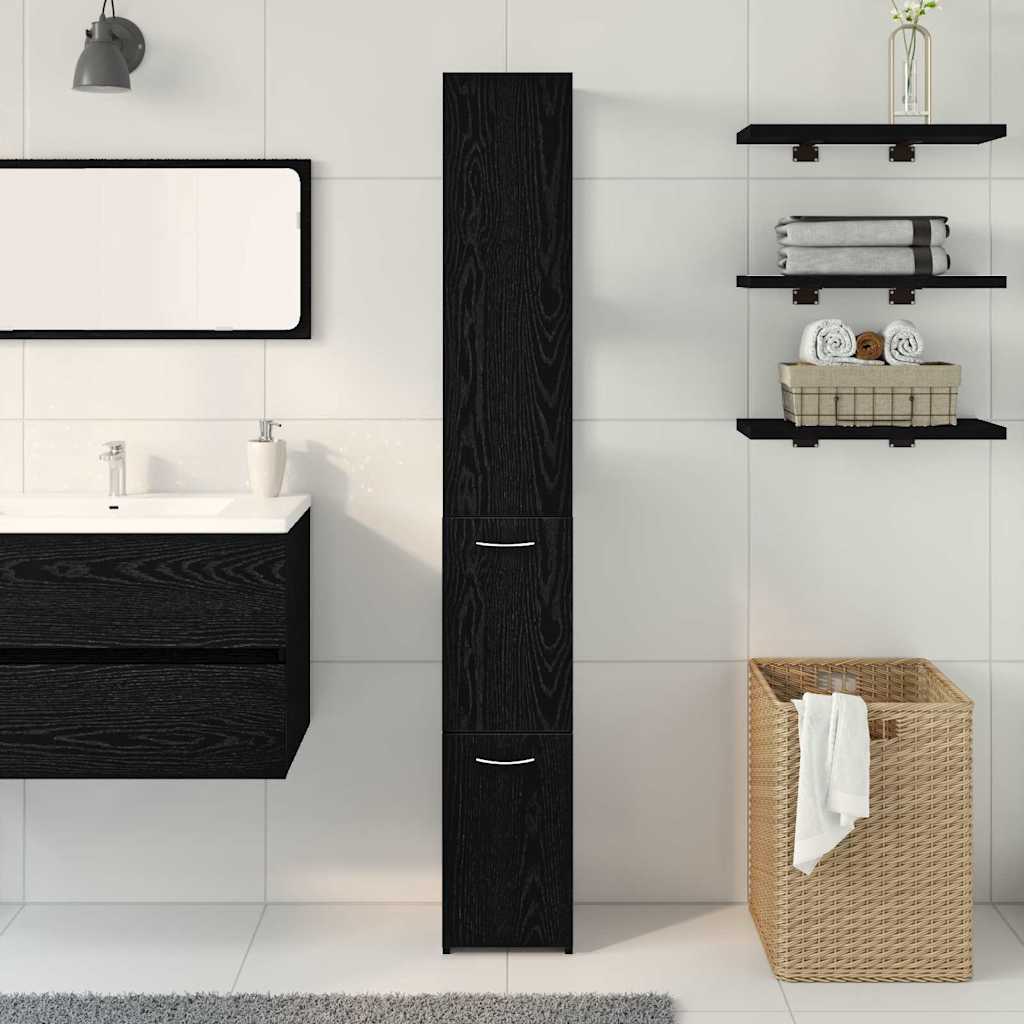 vidaXL Ντουλάπι Μπάνιου με συρτάρι Μαύρη Οξυά 25 x 25 x 170 εκ.