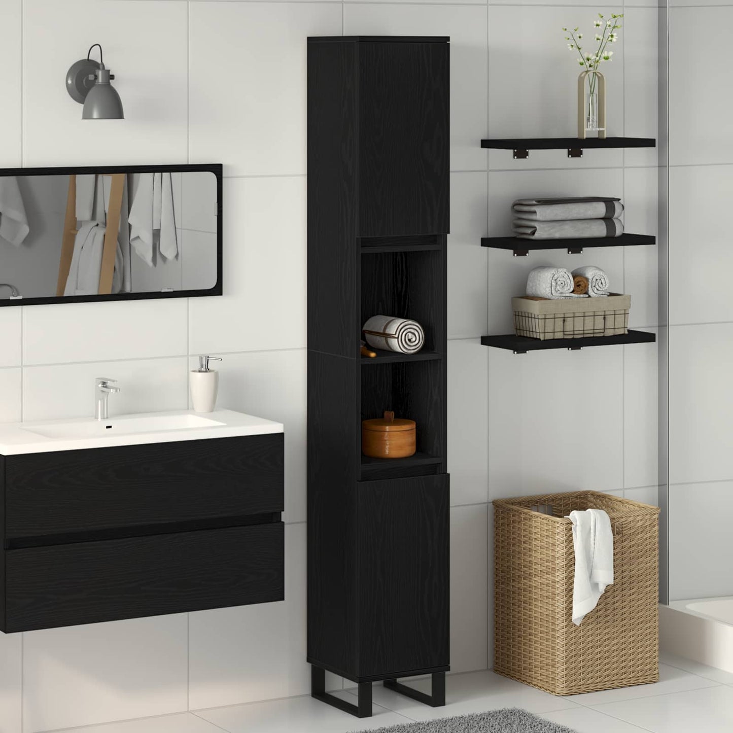 vidaXL Ντουλάπι Μπάνιου Μαύρη Οξυά 30 x 30 x 190 εκ Επεξεργασμένο ξύλο