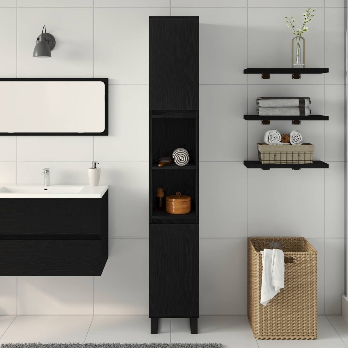 vidaXL Ντουλάπι Μπάνιου Μαύρη Οξυά 30 x 30 x 190 εκ Επεξεργασμένο ξύλο