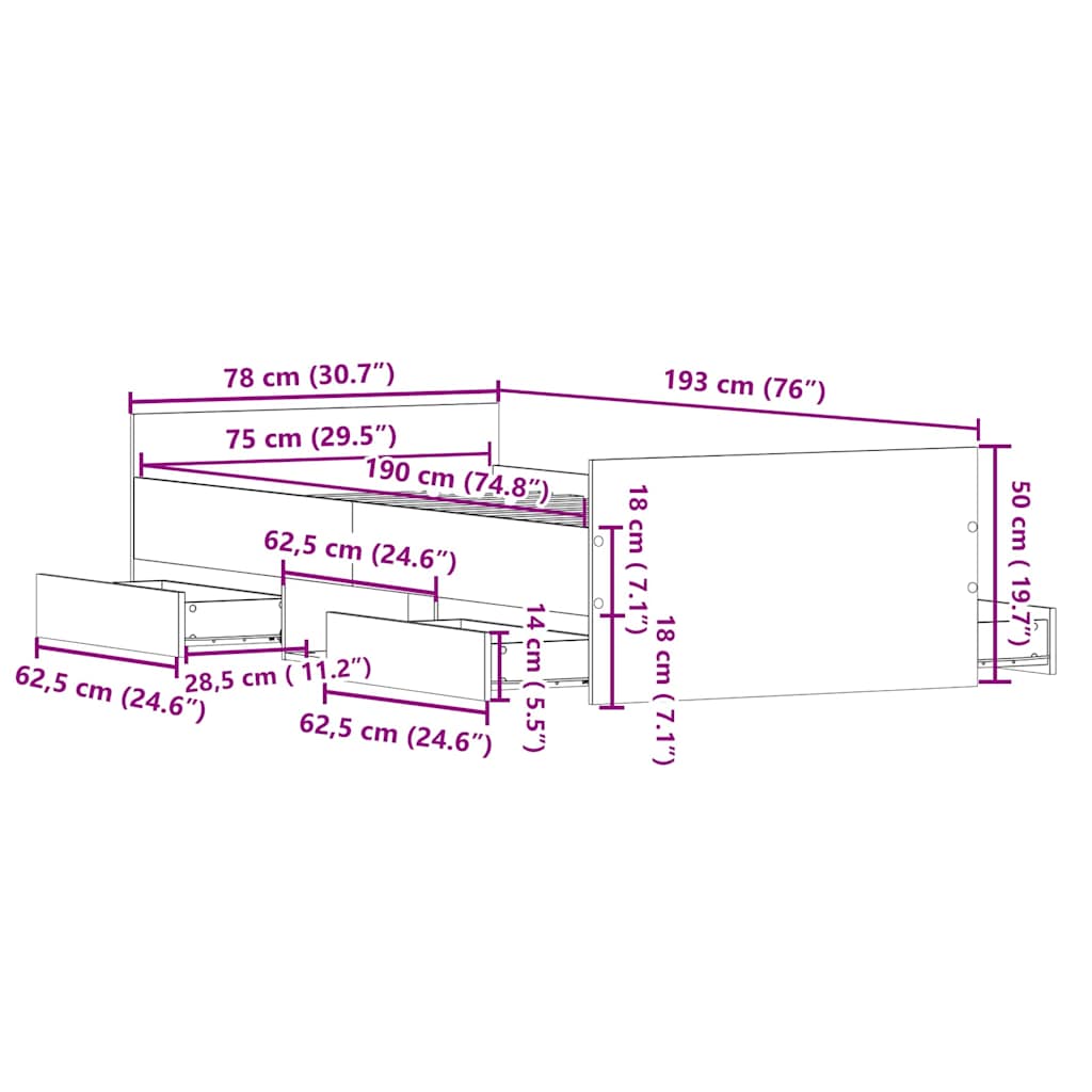 vidaXL Σκελετός Κρεβατιού Παλαιό ξύλο 75 x 190 cm Επεξεργασμένο ξύλο