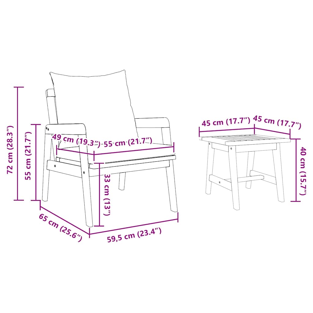 vidaXL Σετ μπιστρό με μαξιλάρι 3 pcs Καφέ Στερεό Ξύλο Ακακίας