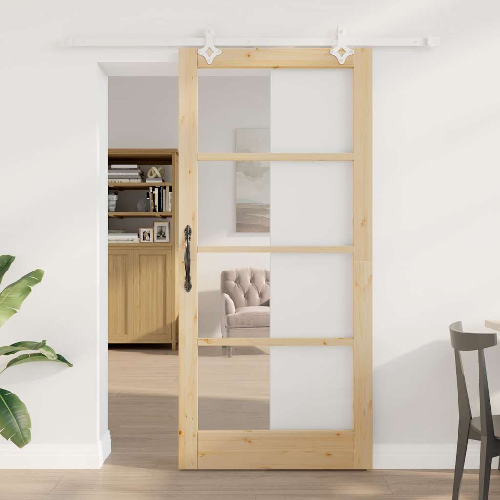 vidaXL Συρόμενη Πόρτα 93 x 202 cm Μασίφ ξύλο πεύκου και γυαλί Φυσικό