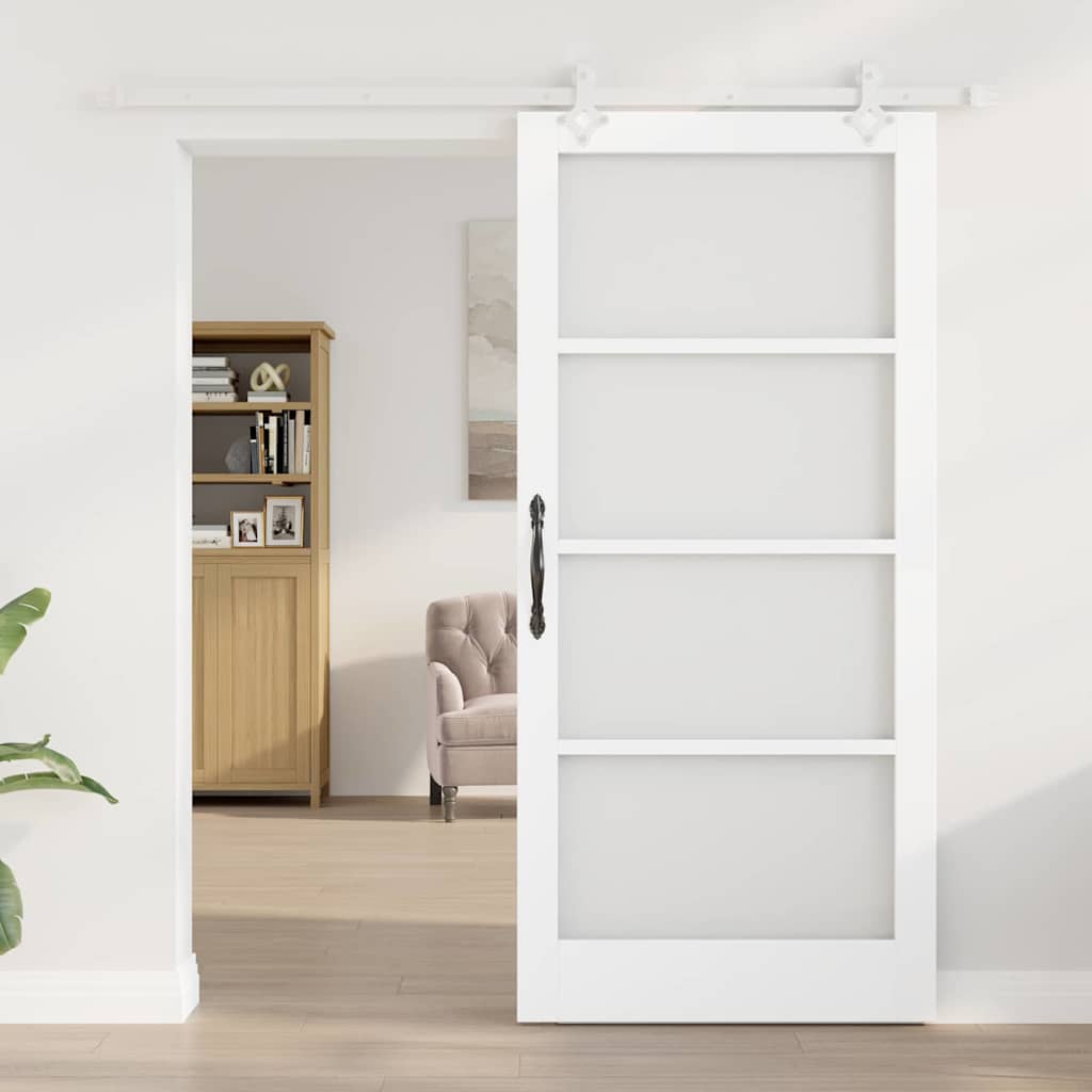 vidaXL Συρόμενη Πόρτα 93 x 202 cm Μασίφ ξύλο πεύκου και γυαλί Λευκό
