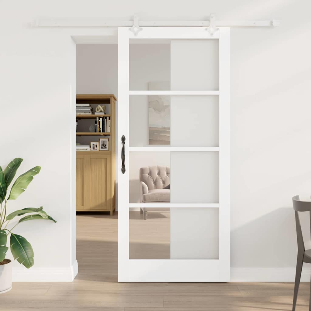 vidaXL Συρόμενη Πόρτα 93 x 211 εκ. Μασίφ ξύλο πεύκου και γυαλί Λευκό