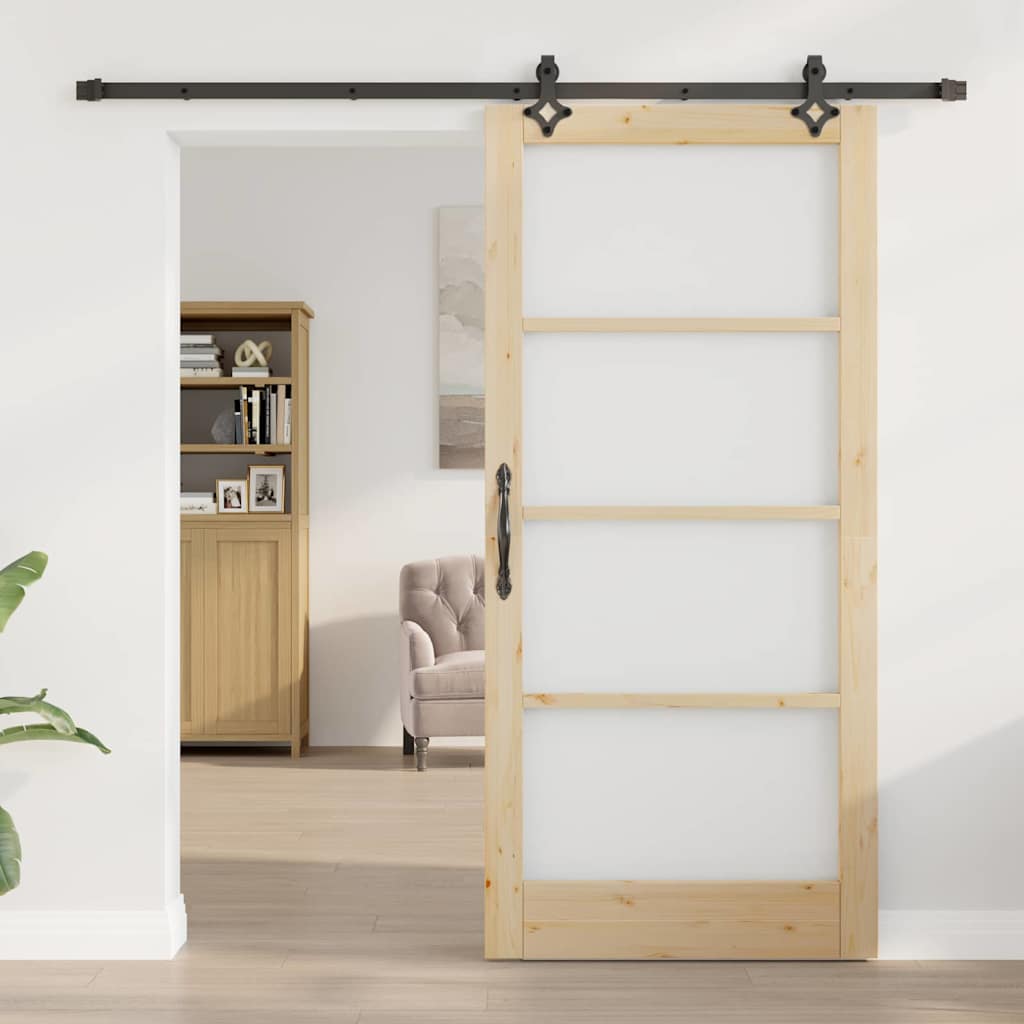 vidaXL Συρόμενη Πόρτα Φυσικό 93 x 202 cm Μασίφ ξύλο πεύκου και γυαλί