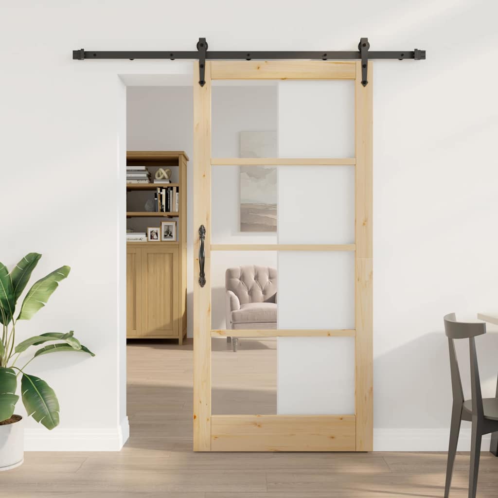 vidaXL Συρόμενη Πόρτα 93 x 202 cm Μασίφ ξύλο πεύκου και γυαλί Φυσικό