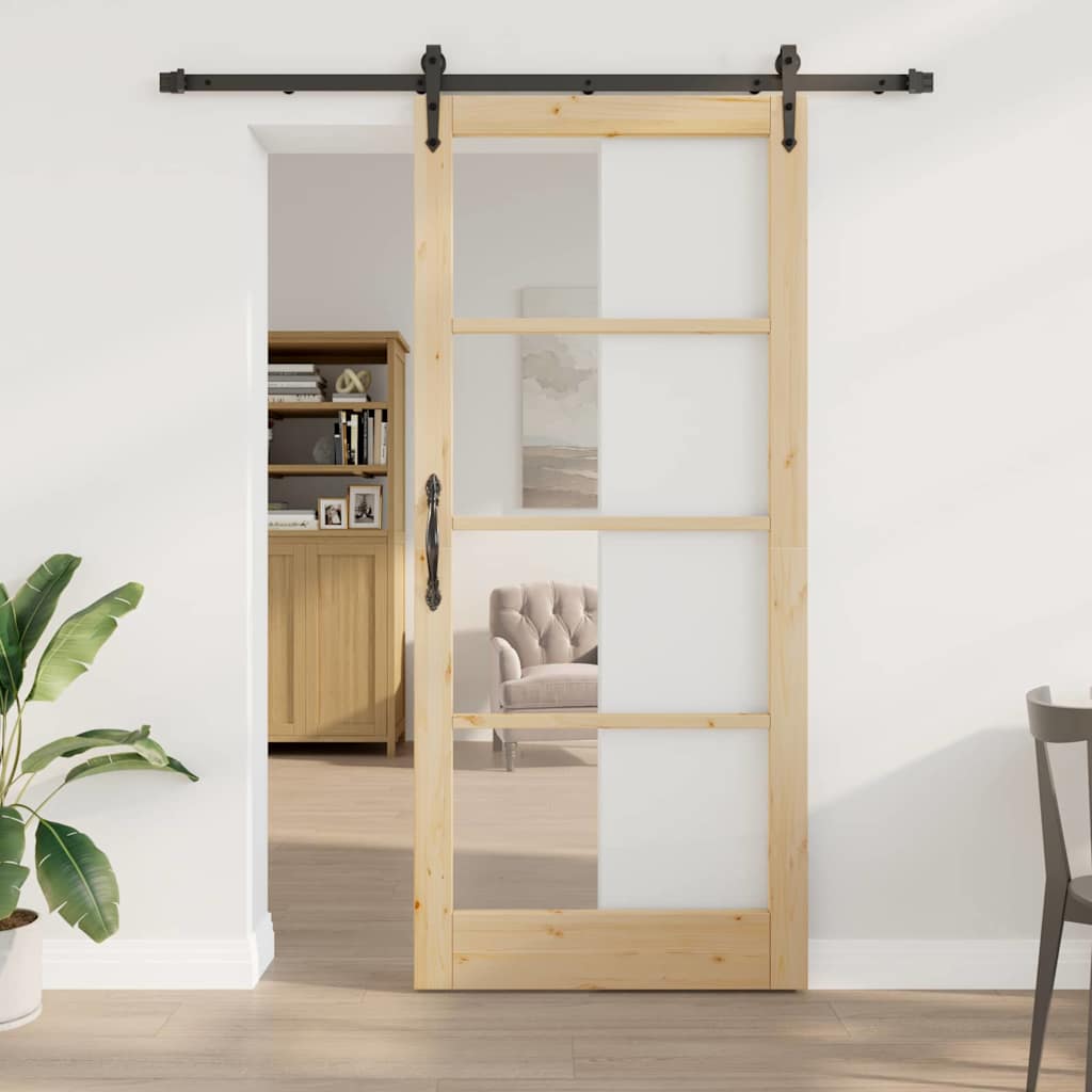 vidaXL Συρόμενη Πόρτα 93 x 211 εκ. Μασίφ ξύλο πεύκου και γυαλί Φυσικό
